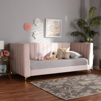 Baxton Studio CF0344-Light Pink Daybed-Twin Oksana Modern Contemporary Glam and Luxe Light Pink Velvet Fabric Upholstered and Gold Finished Twin Size Daybed